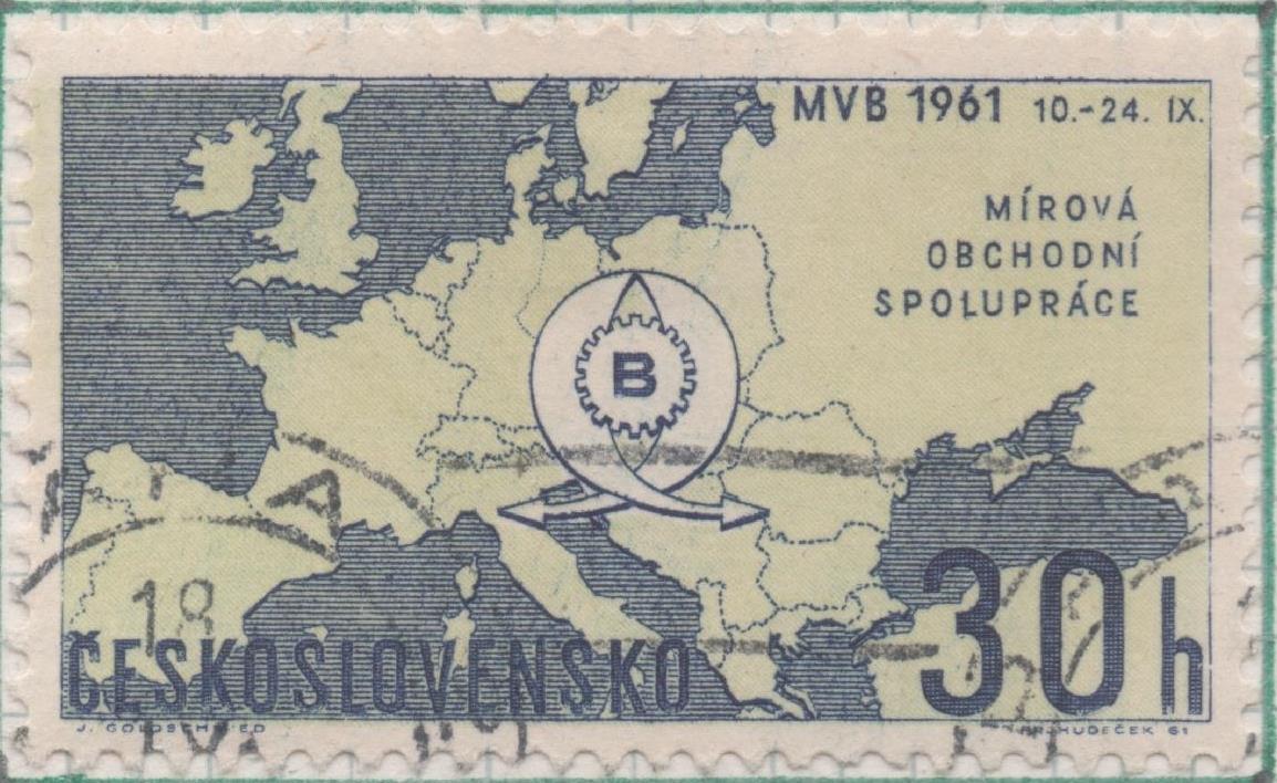 Sello E01038, hoja 69, Checoslovaquia: Sello Azul y vrde dentado. Feria Industrial de Brno. Mapa de Europa y emblema de la feria, 30 Haleru
