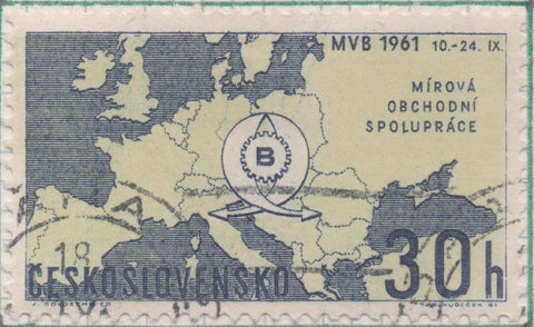 Sello E01038, hoja 69, Checoslovaquia: Sello Azul y vrde dentado. Feria Industrial de Brno. Mapa de Europa y emblema de la feria, 30 Haleru