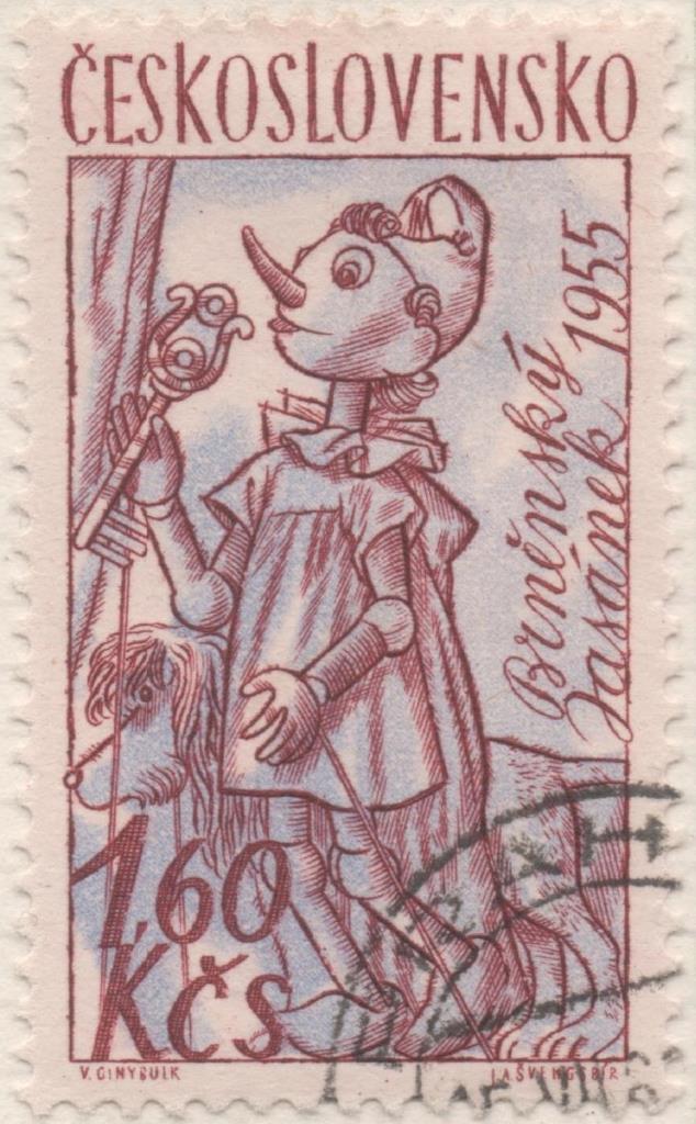 Sello E01035: hoja 68, Checoslovaquia: Sello Azul y violeta dentado. Muñecos y Marionetas. Jasánek de Bnro, 1,60 Koruna