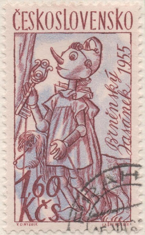 Sello E01035: hoja 68, Checoslovaquia: Sello Azul y violeta dentado. Muñecos y Marionetas. Jasánek de Bnro, 1,60 Koruna