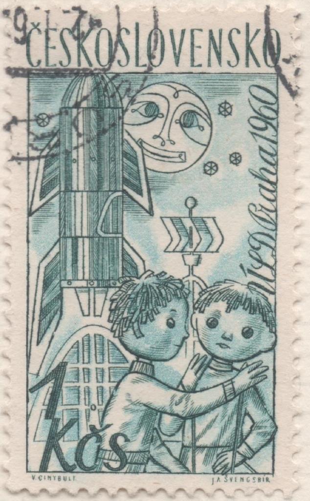 Sello E01034: hoja 68, Checoslovaquia: Sello Verde dentado. Muñecos y Marionetas. Dificultades con la Luna, 1 Koruna