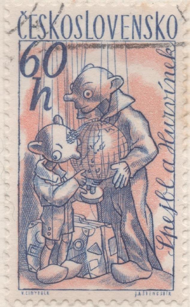 Sello E01033: hoja 68, Checoslovaquia: Sello Rosa y azul dentado. Muñecos y Marionetas. Spejbl and Hurvinek, 60 Haleru