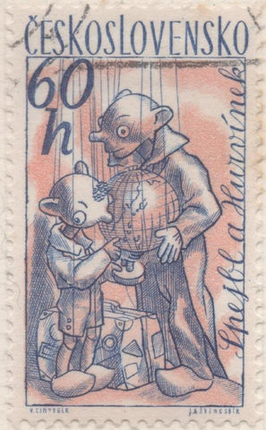 Sello E01033: hoja 68, Checoslovaquia: Sello Rosa y azul dentado. Muñecos y Marionetas. Spejbl and Hurvinek, 60 Haleru