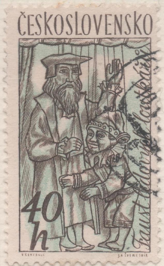 Sello E01032: hoja 68, Checoslovaquia: Sello Azul y gris dentado. Muñecos y Marionetas. Dr Fausto y Caspar, 40 haleru