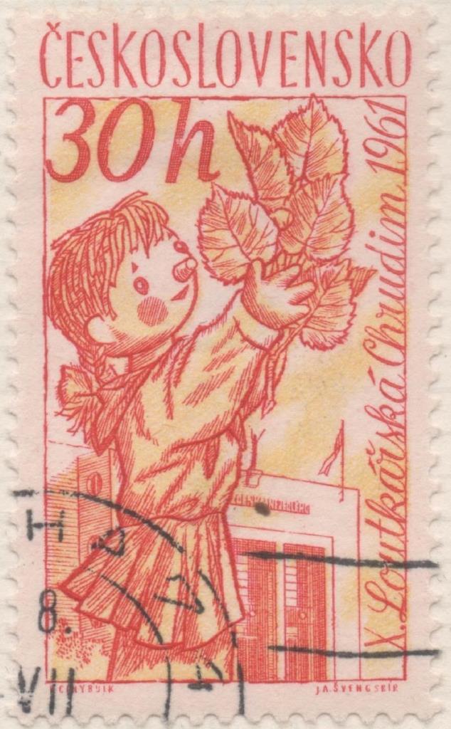 Sello E01031: hoja 68, Checoslovaquia: Sello Rojo y amarillo dentado. Muñecos y marionetas. Muñeca Manasek, 30 Haleru