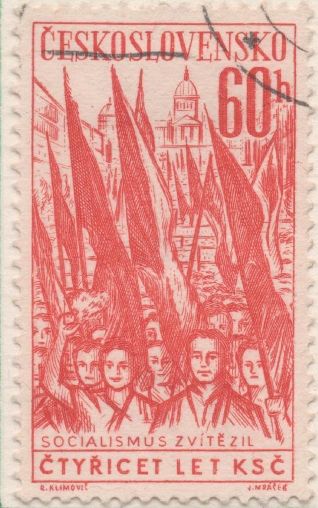Sello E01029: hoja 68, Checoslovaquia: Sello Rojo dentado. 40 Aniv Partido Comunista. Manifestgación del Primero de Mayo, Plaza de Wenceslao, 60 Haleru