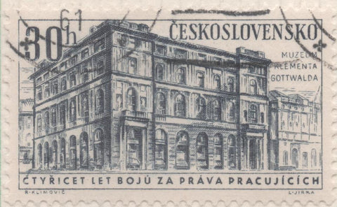 Sello E01025: hoja 68, Checoslovaquia: Sello Azul oscuro dentado, 40 Aniv. Partido Comunista. Museo de Gottwald, Praga, 30 Haleru