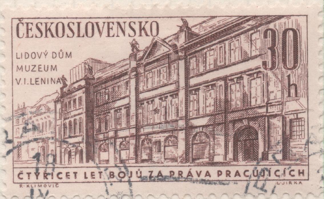 Sello E01024: hoja 68, Checoslovaquia: Sello Marron dentado. 40 Aniv. Partido Comunista. Casa del Pueblo, Museo Lenun en Praga, 30 Haleru