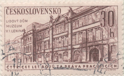 Sello E01024: hoja 68, Checoslovaquia: Sello Marron dentado. 40 Aniv. Partido Comunista. Casa del Pueblo, Museo Lenun en Praga, 30 Haleru