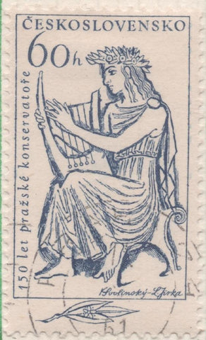 Sello E01023: hoja 68, Checoslovaquia: Sello Azul dentado. Conservatorio de Praga. Mujer tocando la Lira, 60 Haleru
