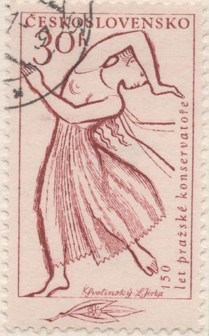 Sello E01022: hoja 68, Checoslovaquia: Sello Rojo dentado. Conservatorio de Praga, Bailarina, 30 Haleru