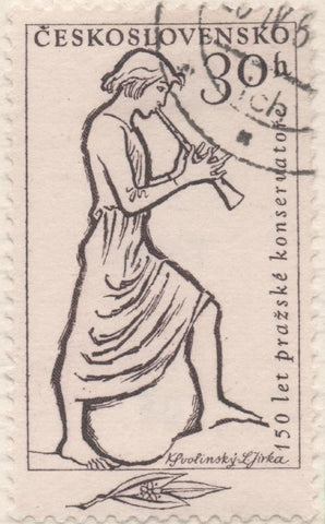 Sello E01021: hoja 68, Checoslovaquia: Sello Marron dentado. Conservatorio de Prga, Instrumento musical, 30 Haleru