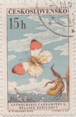 Sello E01048: hoja 69, Checoslovaquia: Sello Multicolor dentado. Mariposas diversas. Puntas Naranjas, 15 Haleru