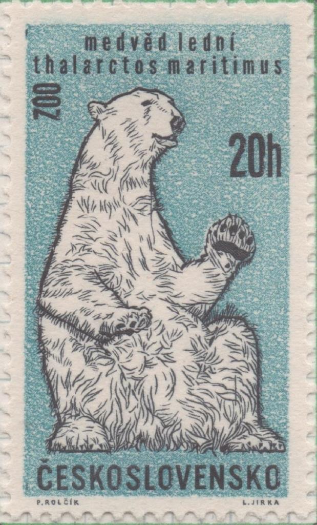 Sello E01078: hoja 71, Checoslovaquia: Sello Azul y gris dentado. Aniversario del Zoo de Praga. Oso Polar, 20 Haleru