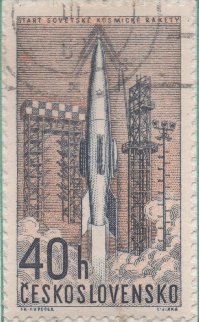 Sello E01076: hoja 70, Checoslovaquia: Sello Lila y azul dentado. 2ª Serie Exploración del Espacio. Lanzamiento del cohete espacial soviético, 40 Haleru 