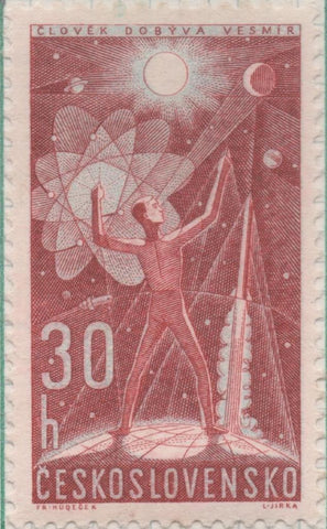 Sello E01075: hoja 70, Checoslovaquia: Sello Rojo oscuro dentado. 2ª Serie Exploración del Espacio. Hombre conquistando el espacio, 30 Haleru