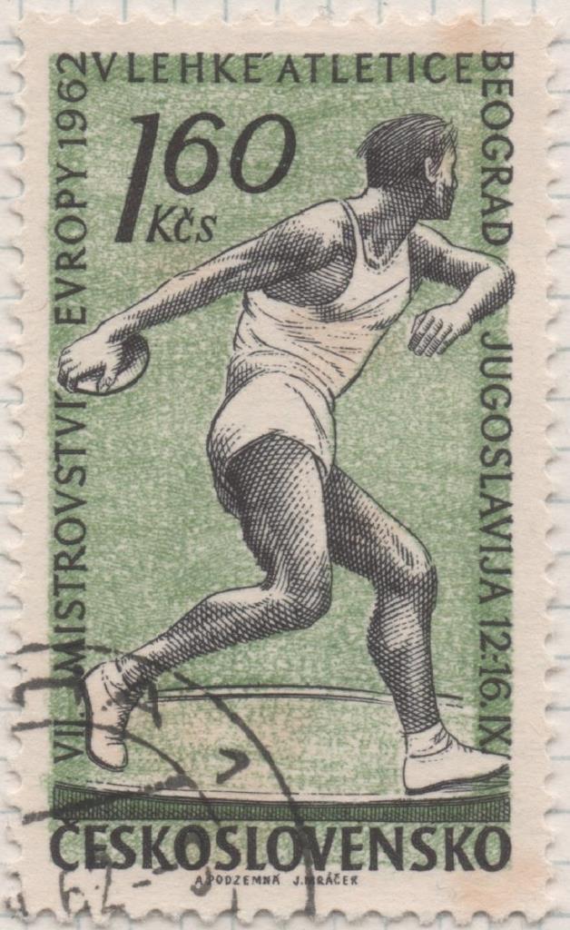 Sello E01064: hoja 70, Checoslovaquia: Sello Verde y negro dentado. 5ª Serie deportiva. Lanzador de Disco, 1,60 Koruna