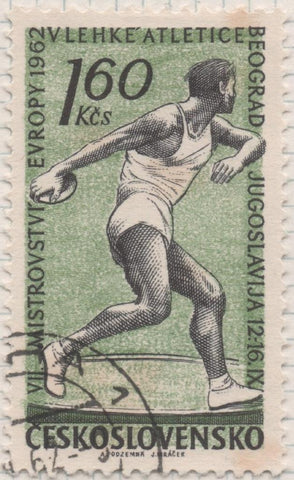 Sello E01064: hoja 70, Checoslovaquia: Sello Verde y negro dentado. 5ª Serie deportiva. Lanzador de Disco, 1,60 Koruna