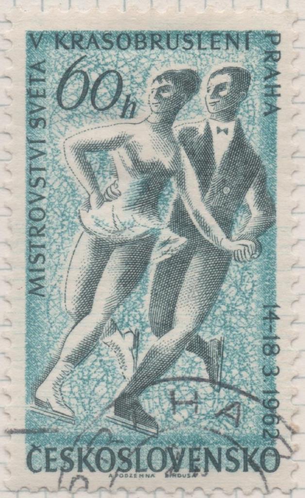 Sello E01061: hoja 70, Checoslovaquia: Sello Azul y gris dentado. 5ª Serie deportiva.Patinaje sobre hielo, 60 Haleru