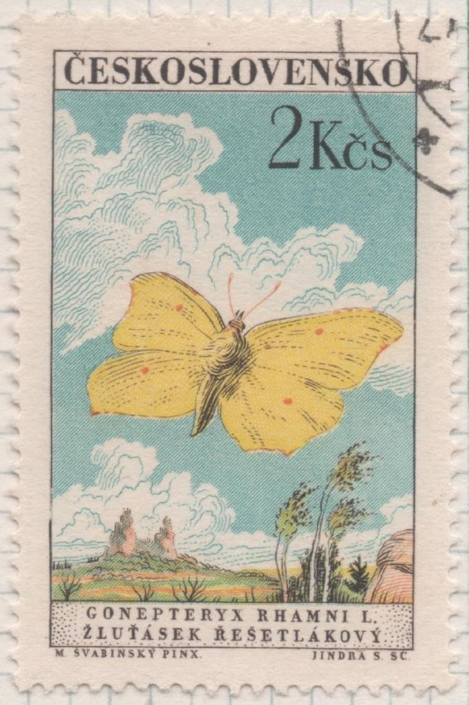 Sello E01056: hoja 69, Checoslovaquia: Sello Multicolor dentado. Mariposas diversas. Azufre, 2 Koruny