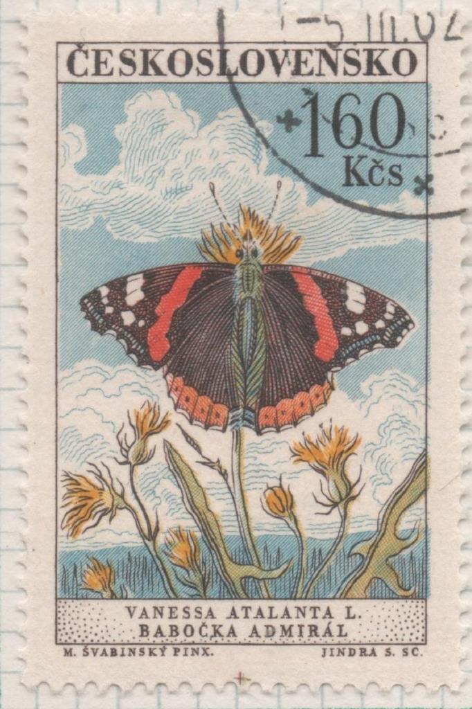 Sello E01055: hoja 69, Checoslovaquia: Sello Multicolor dentado. Mariposas divrsas. Almirante Rojo, 1,60 Koruna