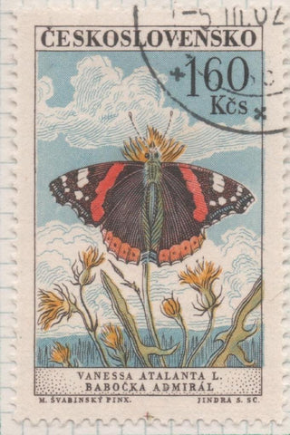 Sello E01055: hoja 69, Checoslovaquia: Sello Multicolor dentado. Mariposas divrsas. Almirante Rojo, 1,60 Koruna