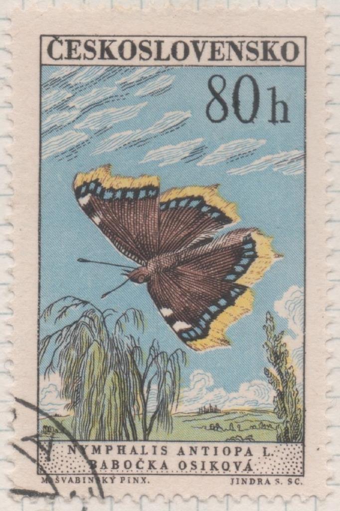 Sello E01053: hoja 69, Checoslovaquia: Sello Multicolor dentado. Mariposas diversas. Capa de Luto, 80 Haleru