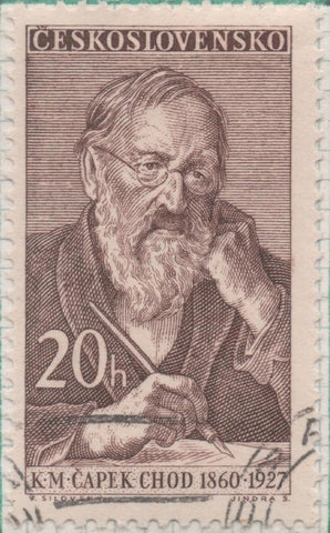 Sello E00977: hoja 66, Checoslovaquia: Sello Marron dentado. Aniversarios culturales. K. M. Capek Chod, Escritor, 20 Haleru