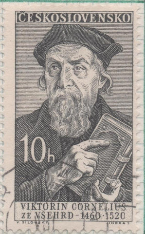 Sello E00976: hoja 66, Checoslovaquia: Sello Gris oscuro dentado. Aniversarios culturales.  V. Cornelius of Vsehra, Historiador, 10 Haleru