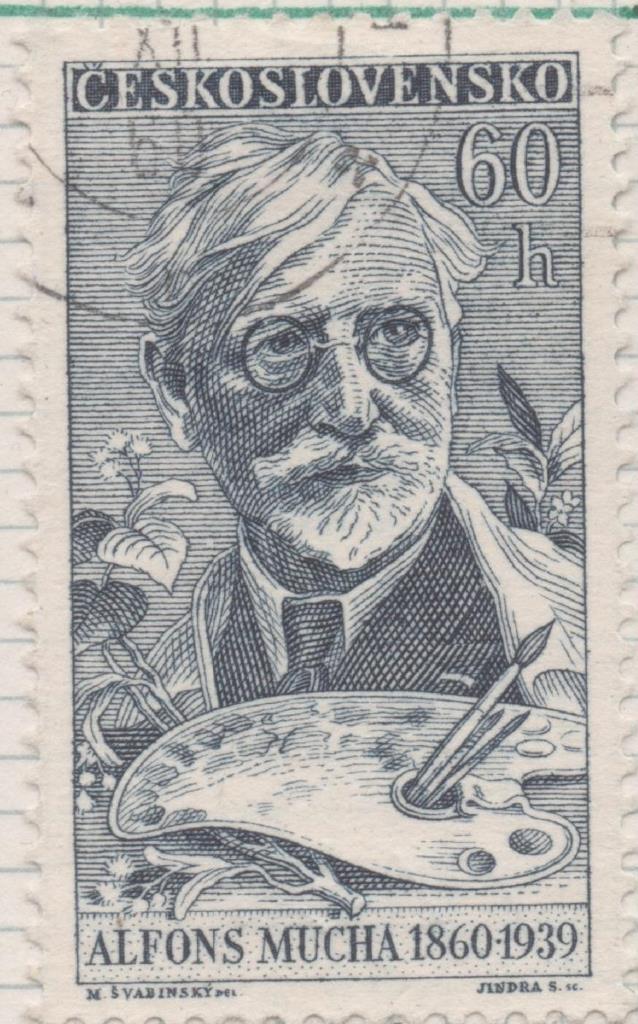 Sello E00975: hoja 66, Checoslovaquia: Sello Azul oscuro dentado. Día del sello. Alfons Mucha, Pintor, 60 haleru