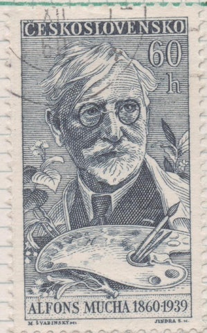 Sello E00975: hoja 66, Checoslovaquia: Sello Azul oscuro dentado. Día del sello. Alfons Mucha, Pintor, 60 haleru
