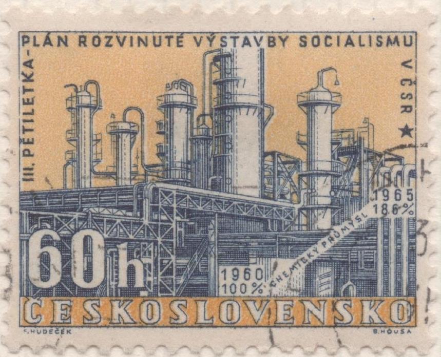 Sello E00974: hoja 65, Checoslovaquia: Sello Amarillo y azul dentado. Plan Quinquenal (1ªserie). Refineria de Nafta, 60 Haleru