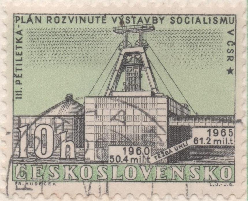 Sello E00970: hoja 65, Checoslovaquia: Sello Verde y gris dentado. Plan Quinquenal (1ªserie). Mina Stalin, Ostrava-Hermanice, 10 Haleru