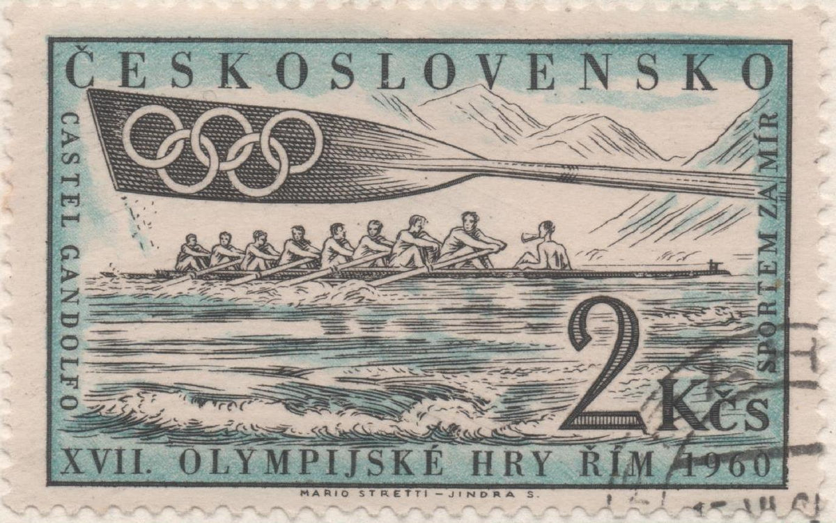 Sello E00967: hoja 65, Checoslovaquia:  Sello Azul y gris dentado. Olimpiadas de Roma Remo, 2 Koruny