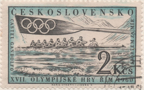 Sello E00967: hoja 65, Checoslovaquia:  Sello Azul y gris dentado. Olimpiadas de Roma Remo, 2 Koruny