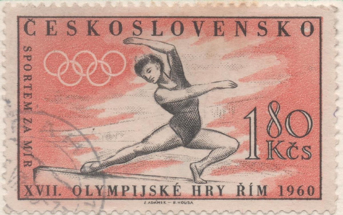Sello E00966: hoja 65, Checoslovaquia: Sello Rojo y gris dentado. Olimpiadas de Roma. Gimnasta, 1,80 Koruna