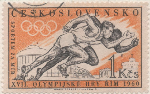 Sello E00965: hoja 65, Checoslovaquia: Sello Naranja y gris dentado. Olimpiada de Roma. Corredores, 1 Koruna