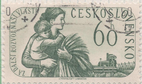 Sello E00961: hoja 64, Checoslovaquia: Sello Verde oscuro dentado. Propaganda para las elecciones. Mujer de Campo y niño, 60 Haleru