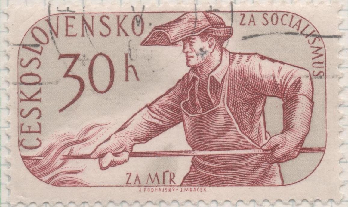 Sello E00960: hoja 64, Checoslovaquia: Sello Rojo teja dentado. Propaganda para las elecciones. Horno de fundición, 30 Haleru