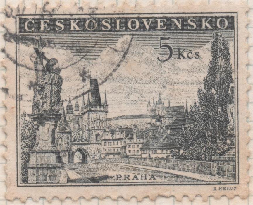 Sello E00959: hoja 64, Checoslovaquia: Sello Gris oscuro dentado. Puente Charles de Praga (Rem 1953), 5 Koruny