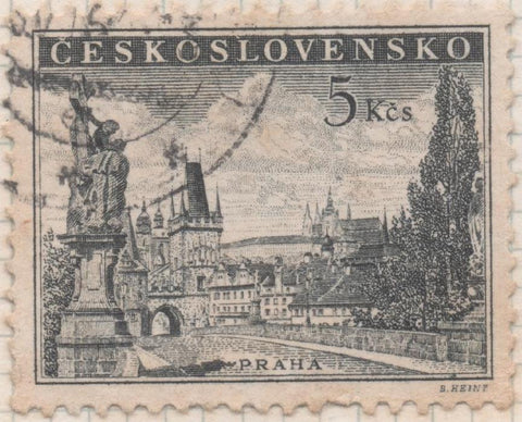 Sello E00959: hoja 64, Checoslovaquia: Sello Gris oscuro dentado. Puente Charles de Praga (Rem 1953), 5 Koruny