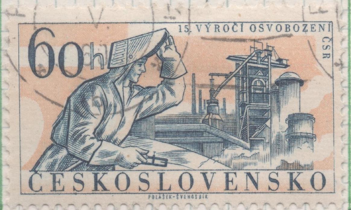 Sello E00956: hoja 64, Checoslovaquia: Sello Azul y rosa dentado. 15 Aniversario de la liberación de Checoslovaquia, 60 Haleru