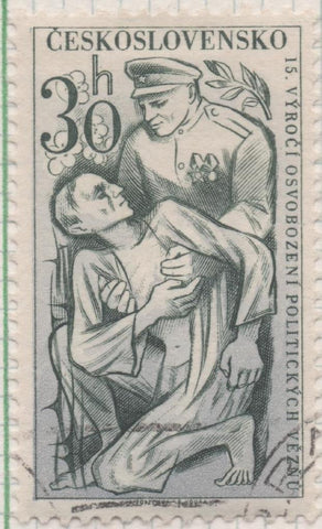 Sello E00954: hoja 64, Checoslovaquia: Sello Verde oscuro dentado. 15 Aniversario de la liberación de Checoslovaquia, 30 Haleru