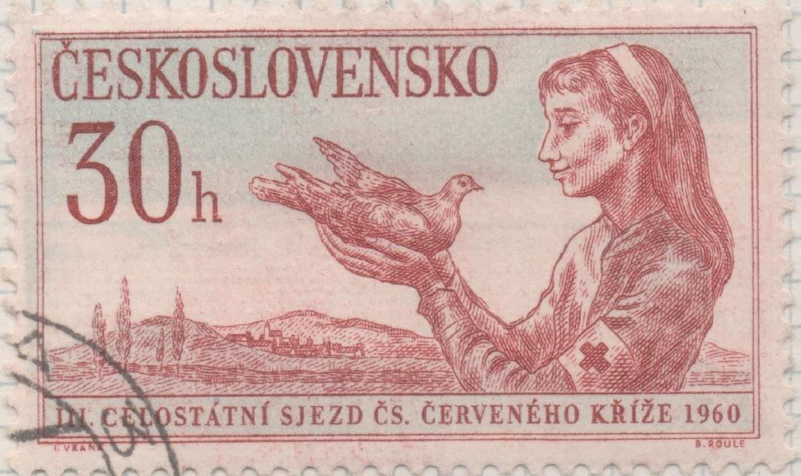 Sello E00952: hoja 64, Checoslovaquia: Sello Azul y rojo dentado. 3er congreso de la Cruz Roja, 30 Haleru