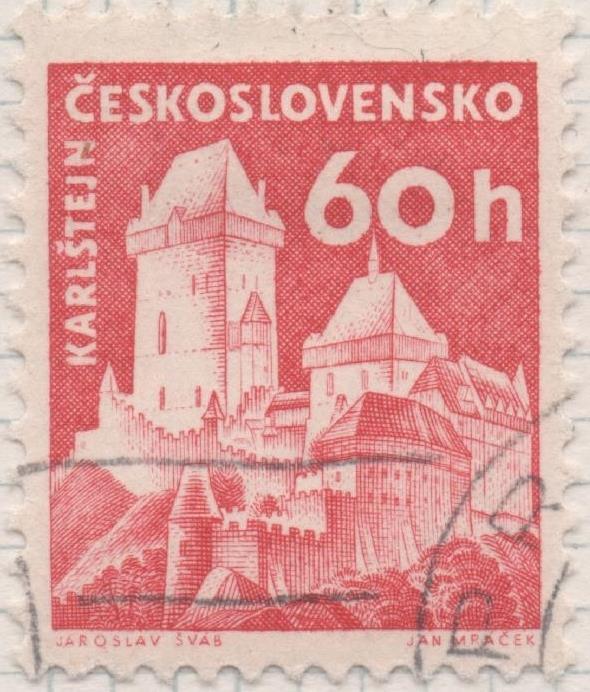 Sello E00948: hoja 64, Checoslovaquia: Sello Rojo dentado. Castillos diversos. Karestejn, 60 Haleru
