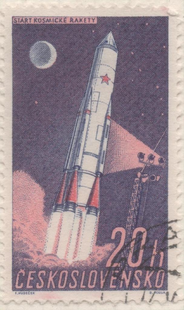 Sello E01010: hoja 67, Checoslovaquia: Sello Lila y rosa dentado. Exploración del Espacio. Lanzamiento de Cohete Cósmico, 20 Haleru