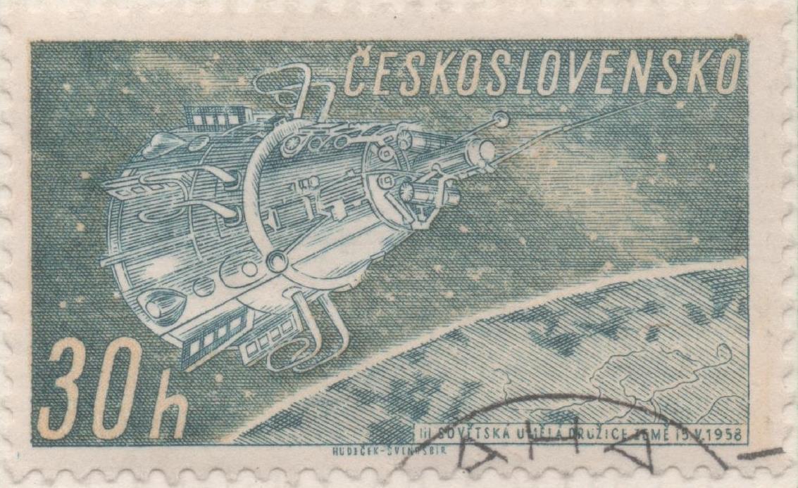 Sello E01008: hoja 67, Checoslovaquia: Sello Verde y azul dentado. Exploración del Espacio. Sputnik 3, 30 Haleru
