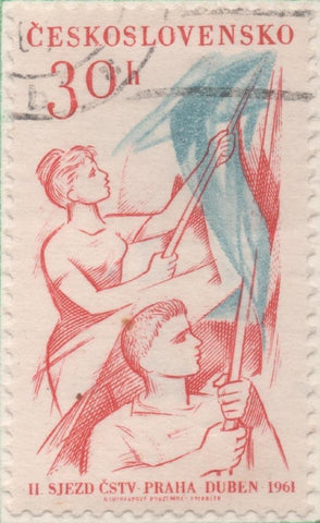Sello E01003: hoja 67, Checoslovaquia: Sello Rojo y azul dentado. 4ª Serie Deportiva. Atletas con bandera, 30 Haleru
