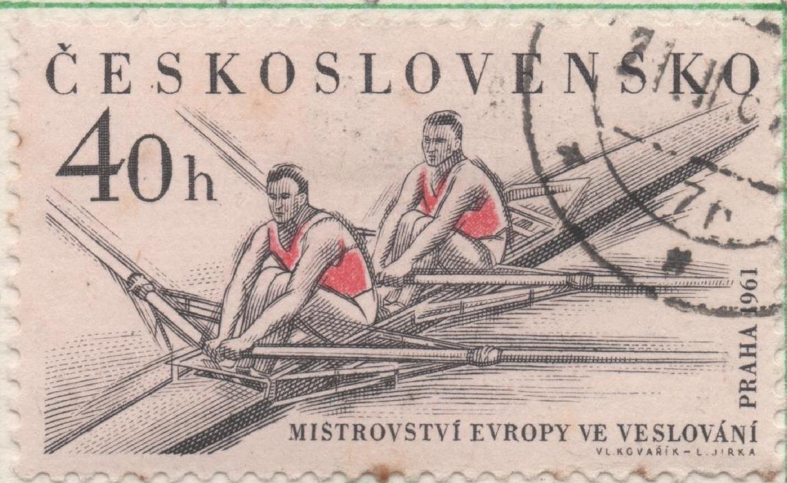 Sello E01002: hoja 67, Checoslovaquia: Sello Gris y rojo dentado. 4ª Serie Deportiva. Remo, 40 Haleru