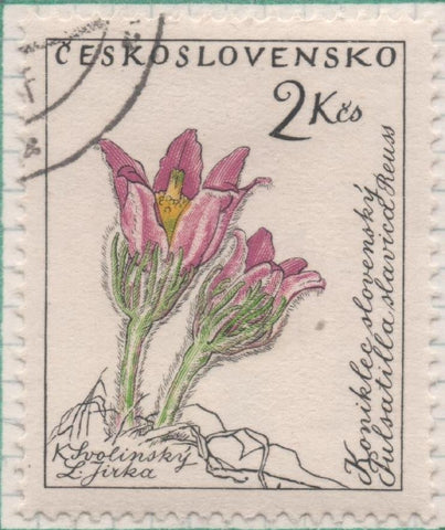 Sello E00997: hoja 66, Checoslovaquia: Sello Multicolor dentado. Flores. Pulsatilla slavica, 2 Koruny